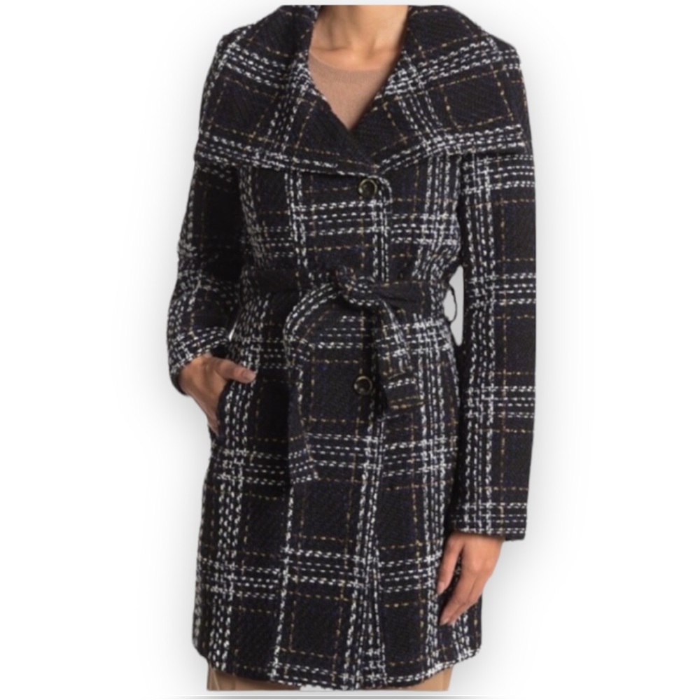NEW Laundry by Shelli Segal Coat Black and White Belted Tweed